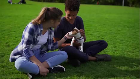 Two-multiracial-friends-sitting-on-the-green-grass-in-park-enjoying-the-day-while-holding-cute-little-jack-russell-terrier-and