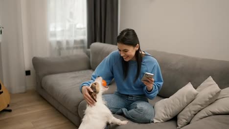 Portrait-of-a-girl-sitting-on-sofa-with-smartphone-while-her-pet-wants-to-play-ball-with-her