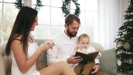 Young-father-and-his-son-reading-book,-while-mother-is-drinking-tea,-listening-to-them.-Family-reading-Christmas-story-while
