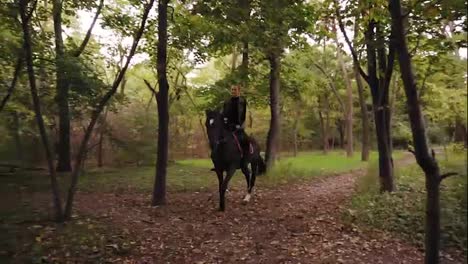 Professional-female-rider-gallop-in-park:-young-female-rider-on-the-horse-on-a-shady-forest-gallop.-Horse-riding-in-the-autumn