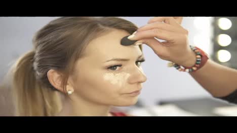 Close-Up-of-professional-makeup-artist-applying-concealer-to-skin-of-young-woman-with-brush-to-cover-dark-circles-and-make-face