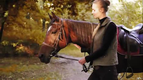 Young-beautiful-woman-is-petting-a-brown-horse-while-walking-together-in-the-forest-during-sunny-day-in-autumn
