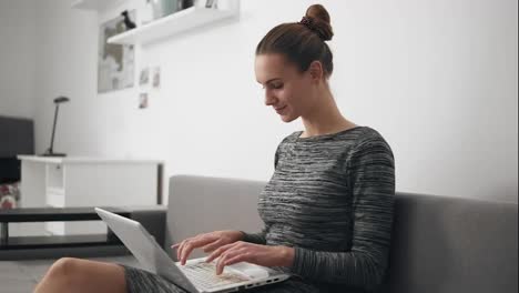 Young-woman-at-home-sitting-on-the-sofa,-she-is-working-with-a-laptop-and-typing-text-looking-at-the-screen