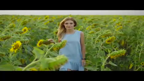 Portrait-of-a-young-woman-in-a-blue-dress-walking-in-the-sunflower-field,-looking-in-the-camera.-Beautiful-lady-enjoying-nature