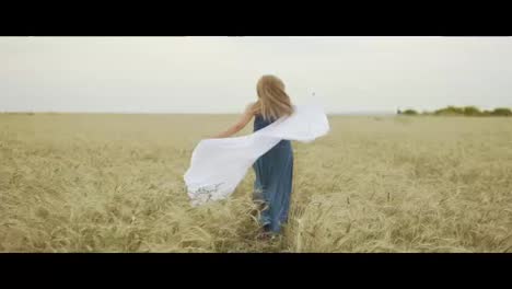 Back-view-of-attractive-young-woman-in-a-long-blue-dress-running-through-golden-wheat-field-holding-a-shawl-in-her-hands.-The