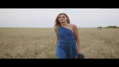 Attractive-young-woman-in-a-long-blue-dress-walking-through-golden-wheat-field-looking-to-the-camera.-Freedom-concept