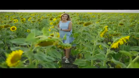 Portrait-of-a-young-woman-in-a-blue-dress-walking-in-the-sunflower-field,-looking-in-the-camera.-Beautiful-lady-enjoying-nature