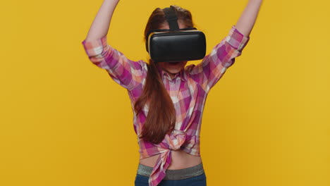 Child-girl-kid-using-virtual-reality-VR-app-headset-to-play-simulation-3D-video-game-watching-video
