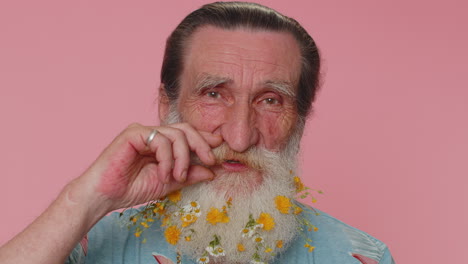 Cheerful-lovely-flowered-beard-senior-grandfather-fashion-model-smiling-and-looking-at-camera-alone