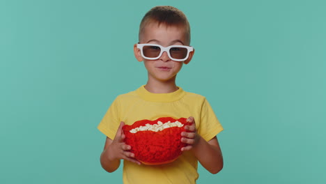 Happy-cute-toddler-children-boy-eating-popcorn,-watching-comedy-movie-film-cinema-wearing-3D-glasses