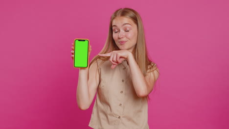 Developer-woman-girl-hold-smartphone-with-green-screen-chroma-key-mock-up-recommend-good-application