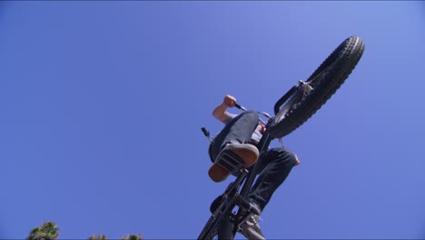 Low-angle-view-of-a-BMX-bike-rider-executing-a-jump-at-a-skatepark-2