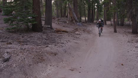 Two-mountain-bikers-ride-through-a-forest-2