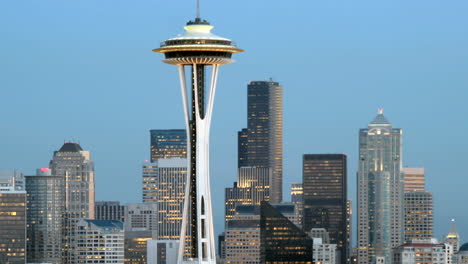 Slow-leftpan-of-the-Seattle-Space-Needle-and-the-surrounding-buildings-in-Seattle's-skyline