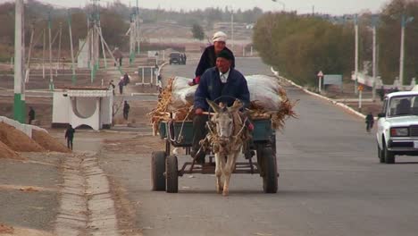 An-donkey-cart-travels-on-a-busy-highway-in-Kazakhstan-or-Uzbekistan