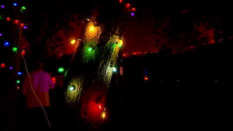 Weihnachtslichter-Schmücken-Die-Bäume,-Während-Die-Nachbarn-ängstlich-Beobachten,-Wie-Das-Thomas-feuer-Sich-Den-Hügeln-Nähert