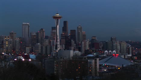 A-Look-At-Seattle'S-Stunning-Skyline-With-Its-Landmark-Space-Needle-During-The-Goldenhour