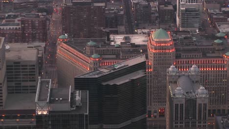 An-Aerial-View-Of-Chicago'S-Landmark-Merchandise-Mart-Includes-Its-Green-Rooftowers-And-Exterior-Lights