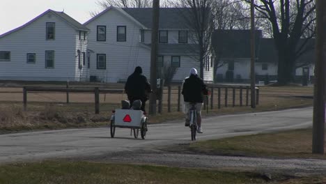 Junge-Leute-Auf-Fahrrädern-Ziehen-Zwei-Sehr-Junge-Kinder-In-Einem-Kindertransporter