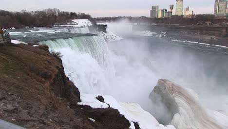 A-Longshot-Of-Niagara-Falls-In-Winter-With-Tourist-Hotels-In-The-Distance