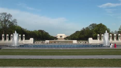 A-Beautiful-View-Of-The-Lincoln-Memorial-In-The-Distance-With-The-Reflecting-Pool-And-Fountains-In-The-Foreground