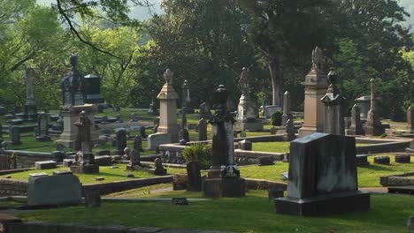 A-Pan-Shot-Of-A-Wellkept-Cemetery-Surrounded-By-A-Forest-Of-Leafy-Green-Trees