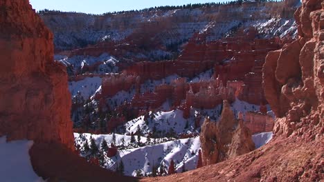 Medium-Wide-Static-Shot-Of-Snow-Captured-Inside-The-Claron-Formations-Of-Bryce-Canyon-National-Park