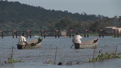 Mediumshot-of-fishermen-rowing-their-boats-on-Lake-Victoria-Uganda